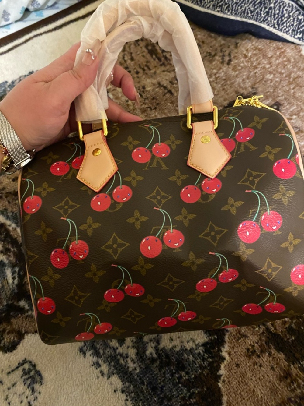 Louis Vuitton Brown Monogram Cherry Satchel with Red Accents